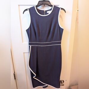 Calvin Klein Asymmetrical Navy Dress with White Accents